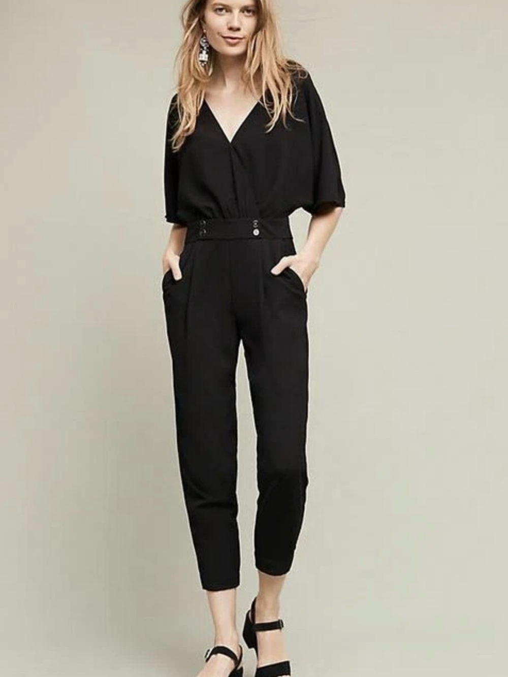 Anthropologie Elevenses Sz 10 Delaware Jumpsuit Black Dolmain Sleeve Buttons